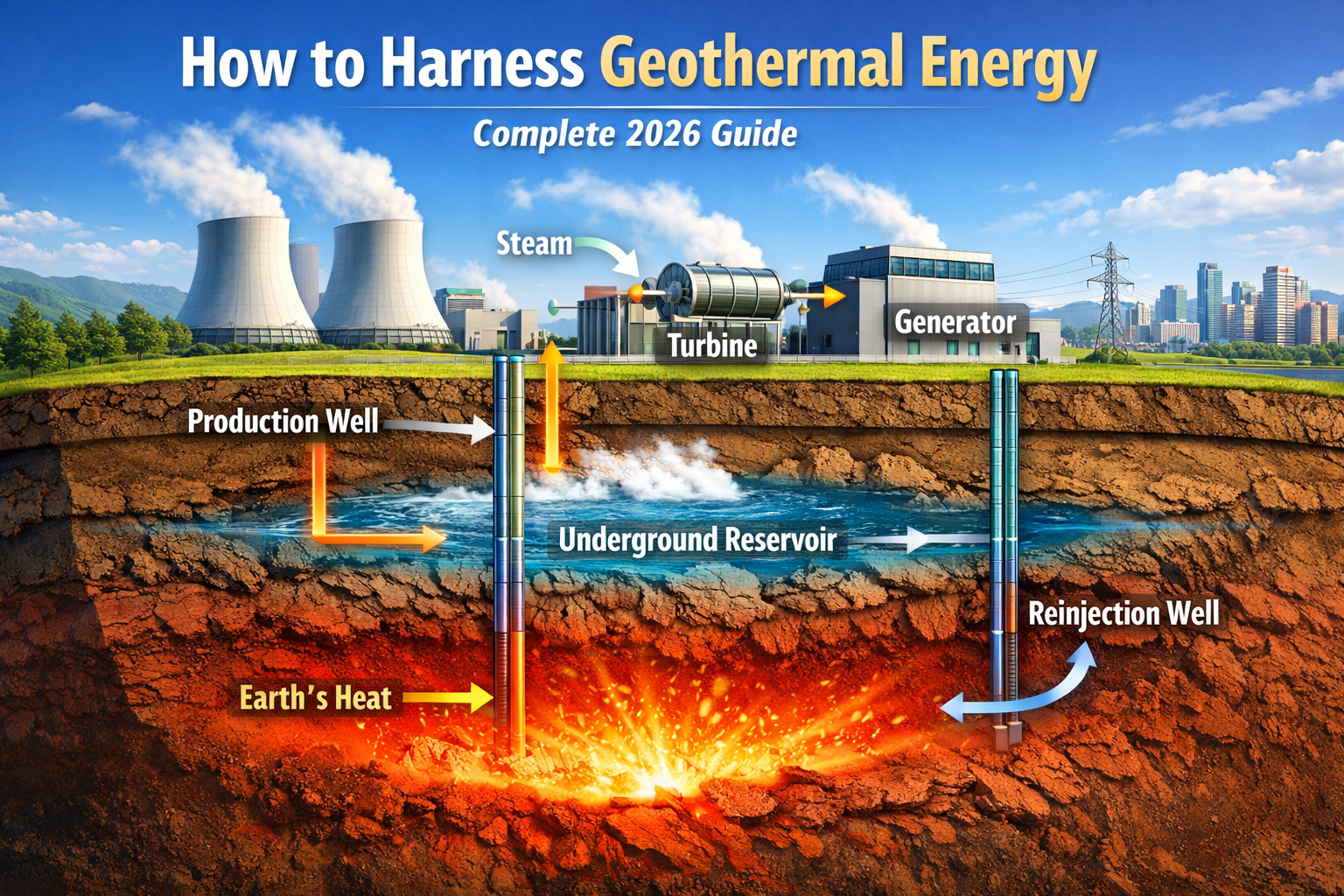 geothermal energy flow chart diagram showing underground heat, steam turbine, and generator process